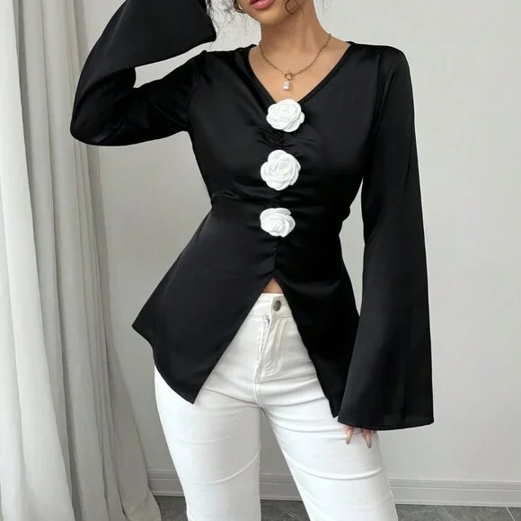 Black Elegant Women's Flowered V-Neck Flare Sleeve Waisted Long Sleeve Blouse - Picture 6 of 6